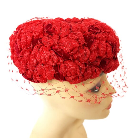 Mid-Century 60’s /clover Lane Red Cellophane Straw & Velvet Ribbon Hat Vintage main image 13